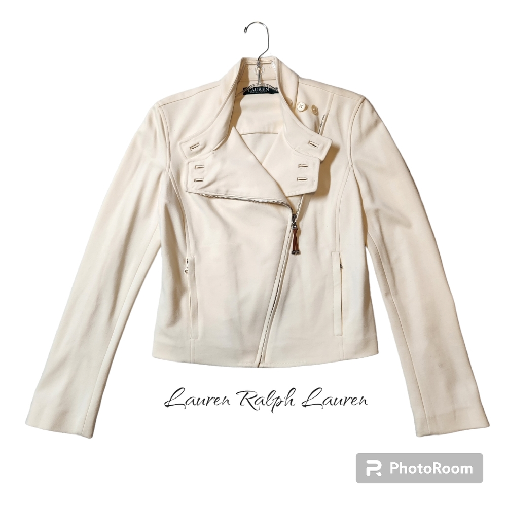 Lauren Ralph Lauren Ivory Women's Moto Jacket Full Crossbody Zip XS